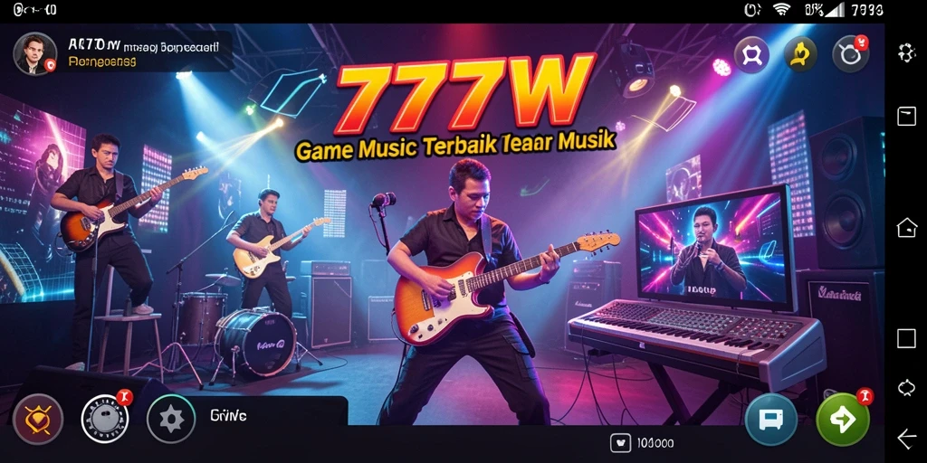 Screenshot utama 7777W menunjukkan gameplay musik yang seru.