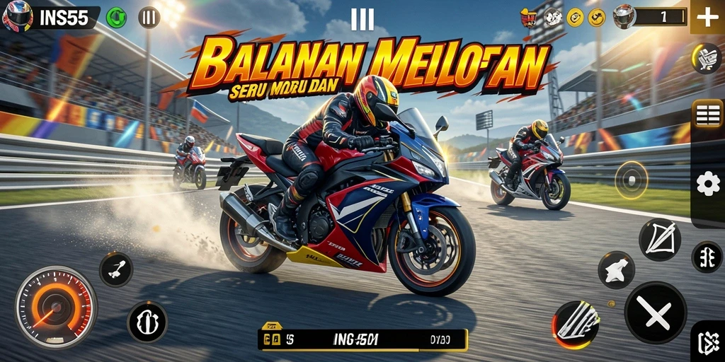 Gambar gameplay INS55 yang menampilkan balapan motor yang seru.