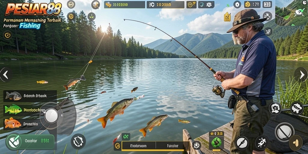 Screenshot PESIAR88 menampilkan pemain saat memancing di laut yang indah.