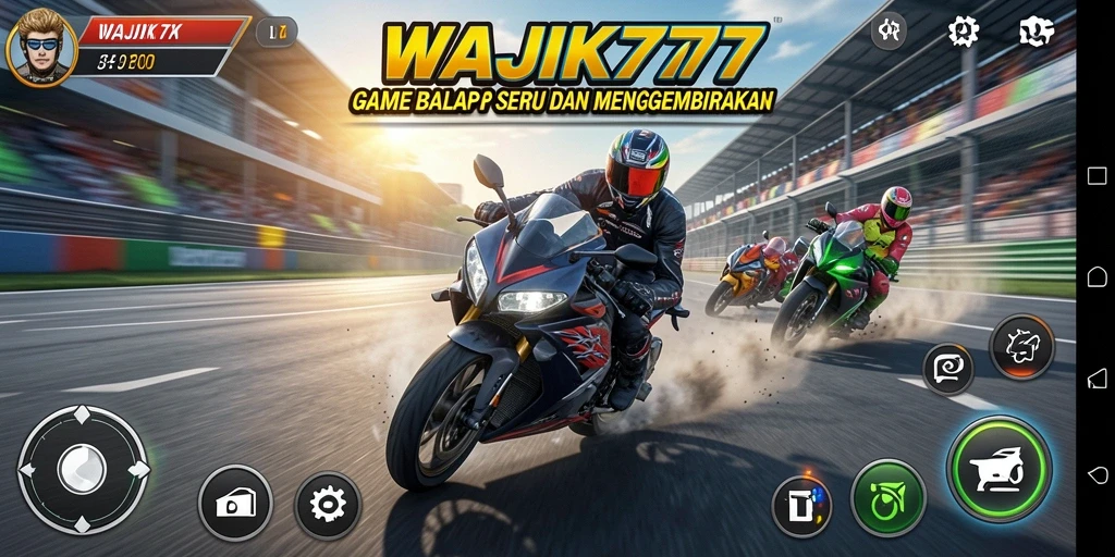 Screenshot utama WAJIK777 menampilkan pemain yang tengah balapan di lintasan menantang.